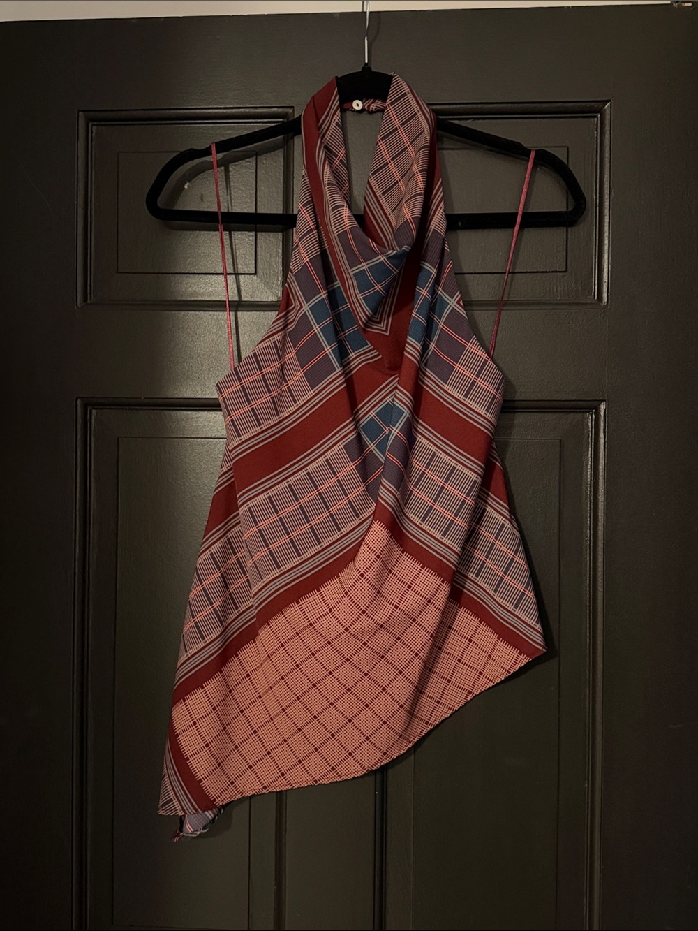 Zara NWT Plaid Halter Scarf Top Red & Navy Asymmetrical size small